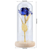 Preserved Rose Flower LED Light with Glass Cover Wooden Base Valentines'Day Wedding Blue