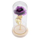 Preserved Rose Flower LED Light with Glass Cover Wooden Base Valentines'Day Wedding Purple