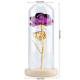 Preserved Rose Flower LED Light with Glass Cover Wooden Base Valentines'Day Wedding Purple