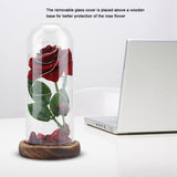 Preserved Rose Flower LED Light with Glass Cover Wooden Base Valentines'Day Wedding Gift
Red