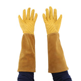 Rose Pruning Gardening Leather Gloves Wearproof Puncture Proof Long Work Glove(Yellow M)