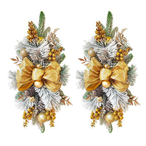 2pcs 21.6in Xmas Staircase Wreath with Berries Pinecones Bowknot Xmas Teardrop Swags Golden