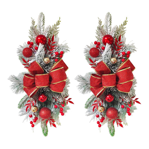 2pcs 21.6in Xmas Staircase Wreath with Berries Pinecones Bowknot Xmas Teardrop Swags Red