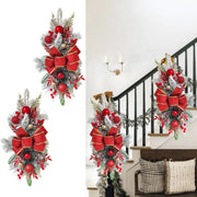 2pcs 21.6in Xmas Staircase Wreath with Berries Pinecones Bowknot Xmas Teardrop Swags Red