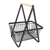 Countertop Fruit Basket Large Capacity Portable Modern Metal Rectangle Basket with Wooden Handle for Gardening Tool Snack Black
