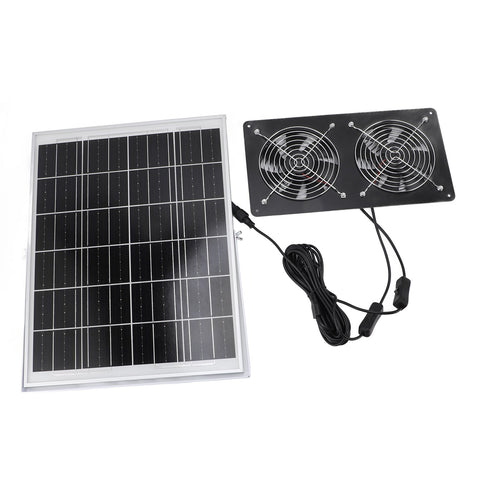 Solar Dual Fan Kit 30W IP65 Waterproofing Tempered Glass Laminate 17mm Aluminum Alloy Frame Ventilation Solar Fan for Outdoor Pet House Shed