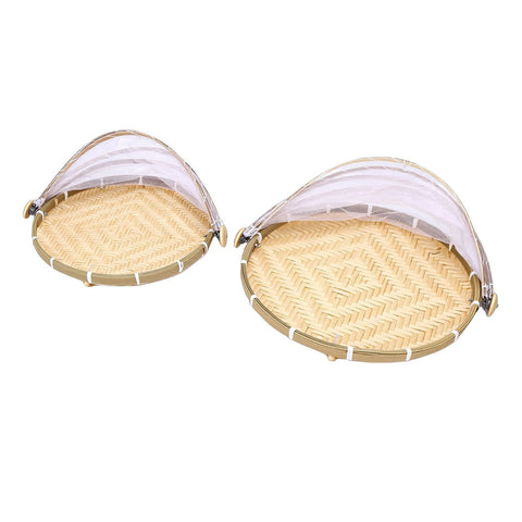2PCS Food Serving Tent Basket Hand Woven Basket Dust Proof Vegetable Fruits Bread Storage with Mesh Gauze Cover Round In Australia - Darrahopens