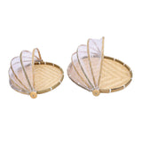 2PCS Food Serving Tent Basket Hand Woven Basket Dust Proof Vegetable Fruits Bread Storage with Mesh Gauze Cover Round