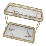 Bathroom Countertop Storage Shelf Space Saving Iron Glass 2 Tier Countertop Organizer for Cosmetics Perfume White with Gold Patterns