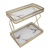 Bathroom Countertop Storage Shelf Space Saving Iron Glass 2 Tier Countertop Organizer for Cosmetics Perfume White with Gold Patterns