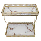 Bathroom Countertop Storage Shelf Space Saving Iron Glass 2 Tier Countertop Organizer for Cosmetics Perfume White with Gold Patterns
