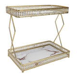 Bathroom Countertop Storage Shelf Space Saving Iron Glass 2 Tier Countertop Organizer for Cosmetics Perfume White with Gold Patterns