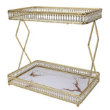 Bathroom Countertop Storage Shelf Space Saving Iron Glass 2 Tier Countertop Organizer for Cosmetics Perfume White with Gold Patterns