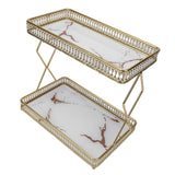 Bathroom Countertop Storage Shelf Space Saving Iron Glass 2 Tier Countertop Organizer for Cosmetics Perfume White with Gold Patterns