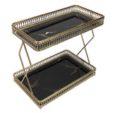 Bathroom Countertop Storage Shelf Space Saving Iron Glass 2 Tier Countertop Organizer for Cosmetics Perfume Black with Gold Patterns