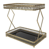 Bathroom Countertop Storage Shelf Space Saving Iron Glass 2 Tier Countertop Organizer for Cosmetics Perfume Black with Gold Patterns