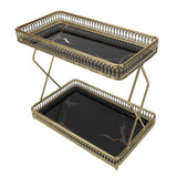 Bathroom Countertop Storage Shelf Space Saving Iron Glass 2 Tier Countertop Organizer for Cosmetics Perfume Black with Gold Patterns