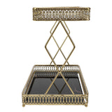 Bathroom Countertop Storage Shelf Space Saving Iron Glass 2 Tier Countertop Organizer for Cosmetics Perfume Black with Gold Patterns