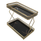 Bathroom Countertop Storage Shelf Space Saving Iron Glass 2 Tier Countertop Organizer for Cosmetics Perfume Black with Gold Patterns