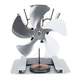 Heat Powered Stove Fan 5 Blade Aluminum Alloy Vertical Thermal Powered Fireplace Fan with Temperature Gauge for Kerosene Stove Wood Stove Silver