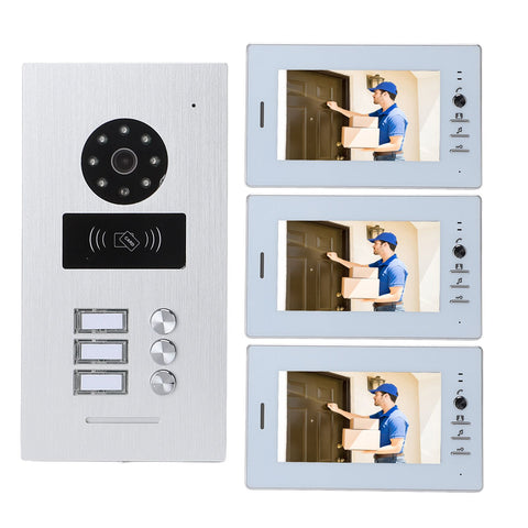 Video Doorbell System 1080P Night Vision Card Swiping 7 Inch Color Screen Wired Intercom Video Display Doorbell with 3 Indoor Unit 100‑240V EU Plug In Australia - Darrahopens