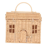 Handwoven Rattan Bag House Shape Portable Handle Adjustable Strap Rattan Shoulder Bag for Beach Travel Outing