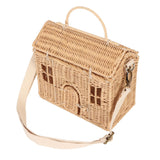 Handwoven Rattan Bag House Shape Portable Handle Adjustable Strap Rattan Shoulder Bag for Beach Travel Outing