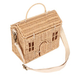 Handwoven Rattan Bag House Shape Portable Handle Adjustable Strap Rattan Shoulder Bag for Beach Travel Outing
