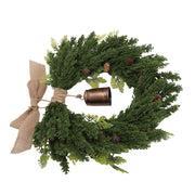 19.7 Inch Cedar Wreath Artificial Cedar Xmas Wreath with Vintage Rustic Cow Bell Brown Linen Ribbon for Outdoor Indoor Decor