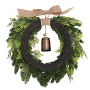 19.7 Inch Cedar Wreath Artificial Cedar Xmas Wreath with Vintage Rustic Cow Bell Brown Linen Ribbon for Outdoor Indoor Decor