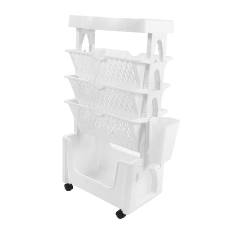 Movable Book Rack Large Capacity 5 Layer Thickened Rollers Multifunctional Movable Bookshelf for Bedroom Living Room Home School White