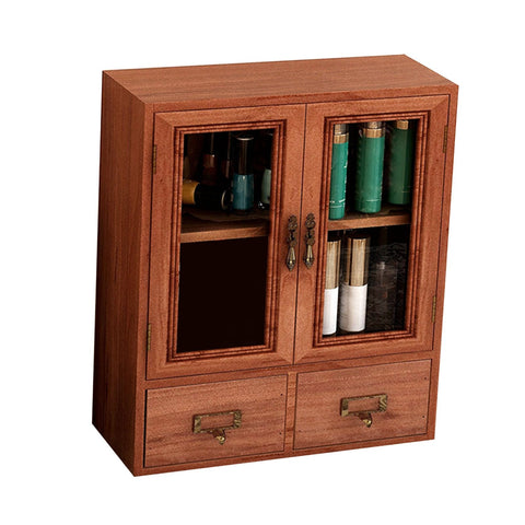 Wooden Desktop Storage Cabinet with Double Door and Drawers Clear Grain Retro Wooden Jewelry Box for Perfume Cups Cosmetics In Australia - Darrahopens