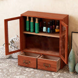 Wooden Desktop Storage Cabinet with Double Door and Drawers Clear Grain Retro Wooden Jewelry Box for Perfume Cups Cosmetics