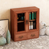 Wooden Desktop Storage Cabinet with Double Door and Drawers Clear Grain Retro Wooden Jewelry Box for Perfume Cups Cosmetics