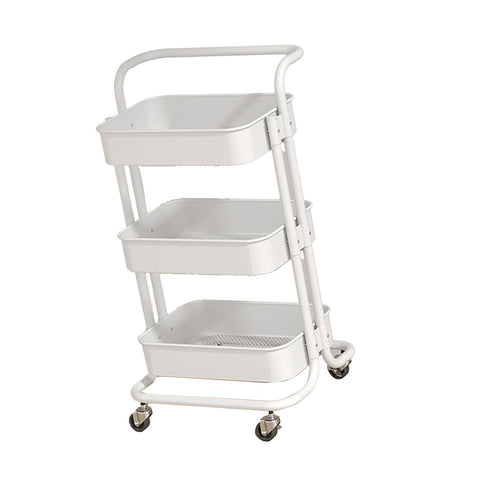 3 Tier Rolling Cart Minimalist Style Sturdy Carbon Steel Mobile Utility Cart for Kitchen Bathroom Living Room Bedroom White