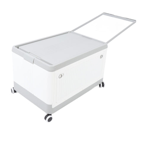 Folding Storage Bin with Lid Wheels PP Stackable Rolling Utility Storage Box Container with Handle for Clothes Books Snack Shoe Grocery Grey White S