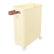 Slim Laundry Basket Foldable Space Saving Sturdy PP Plastic Narrow Clothes Hamper for Bathroom Corner Cream White With wheels