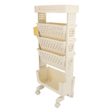 Rolling Book Cart 5 Tier PP Multi Functional Movable Storage Book Rack Utility Organizer Bookshelf with Lockable Casters for Study Office Bedroom Cream White