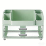 Makeup Organizer for Vanity with 2 Drawers Cosmetic Display Case with Brush Holders for Bathroom Countertop Skincare Desk Office Supplies Green