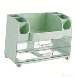 Makeup Organizer for Vanity with 2 Drawers Cosmetic Display Case with Brush Holders for Bathroom Countertop Skincare Desk Office Supplies Green