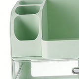 Makeup Organizer for Vanity with 2 Drawers Cosmetic Display Case with Brush Holders for Bathroom Countertop Skincare Desk Office Supplies Green