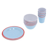 12Pcs/Set Household Dinnerware Light Blue Grid Cup Bowl Plate for Home Kitchen Restaurant
