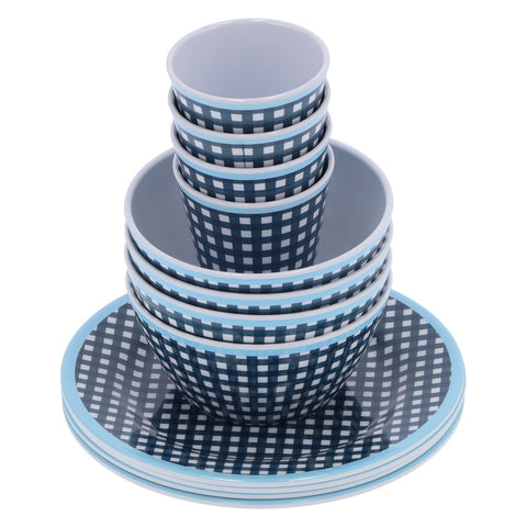 12Pcs/Set Tableware Set Dark Blue Grid Melamine Cup Bowl Plate for Home Restaurant Kitchen In Australia - Darrahopens