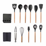 13Pcs Cooking Utensils Silicone Non Stick Heat Resistant Wooden Handle Cookware Set Kitchen Supplies