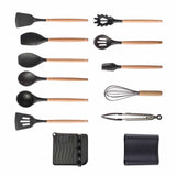 13Pcs Cooking Utensils Silicone Non Stick Heat Resistant Wooden Handle Cookware Set Kitchen Supplies