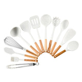 12pcs Cooking Utensils Set Silicone Kitchen Utensil Wood Handle Heat Resistance Kitchen Gadgets with Holder White