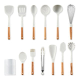 12pcs Cooking Utensils Set Silicone Kitchen Utensil Wood Handle Heat Resistance Kitchen Gadgets with Holder White