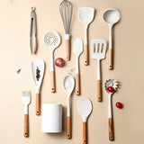 12pcs Cooking Utensils Set Silicone Kitchen Utensil Wood Handle Heat Resistance Kitchen Gadgets with Holder White