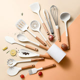 12pcs Cooking Utensils Set Silicone Kitchen Utensil Wood Handle Heat Resistance Kitchen Gadgets with Holder White