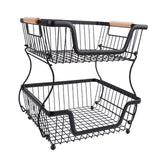2 Tier Fruit Basket for Kitchen Counter Countertop Metal Bread Basket with Wooden Handle for Vegetables Snacks Eggs Black